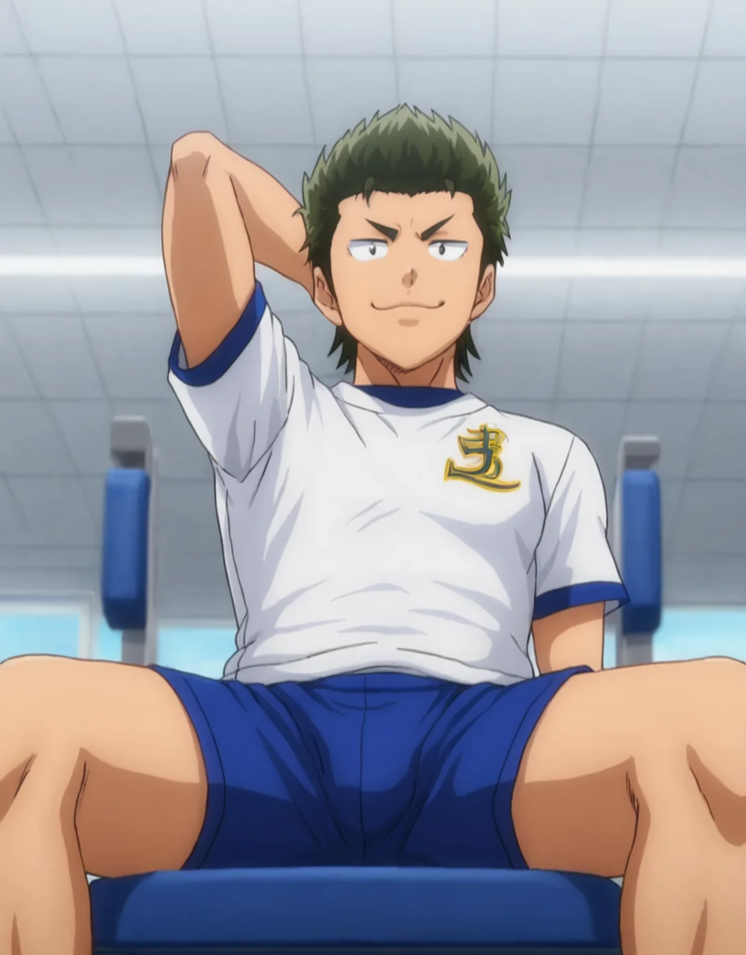 <lora:Kuramochi:0.8>, 1boy, solo, Kuramochi Yoichi, green hair, male focus, profile, smug, masculine, manly, virile, handsome, charming, seductive, male focus, sole male, sitting on chair, widely spread legs, (from below, low angle, view between legs), (perfect face, perfect eyes:1.2), (arms at sides, hands beside body), one hand behind head, sportswear, white shirt, short sleeves,