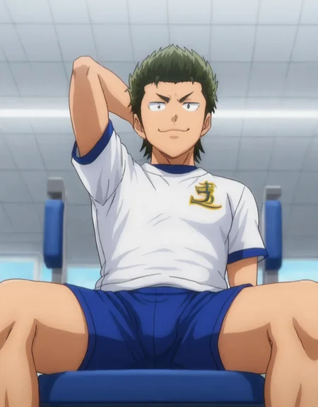 <lora:Kuramochi:0.8>, 1boy, solo, Kuramochi Yoichi, green hair, male focus, profile, smug, masculine, manly, virile, handsome, charming, seductive, male focus, sole male, sitting on chair, widely spread legs, (from below, low angle, view between legs), (perfect face, perfect eyes:1.2), (arms at sides, hands beside body), one hand behind head, sportswear, white shirt, short sleeves,
