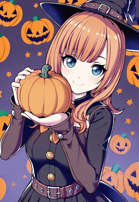 score_9, score_8,1girl,solo,,witch costume,halloween backround,upper body,looking at viewer,smiling,dutch angle,cute pose,pg 13,cute witch,holding pumpkin,halftone, hatching \(texture\), jaggy lines.large witch hat