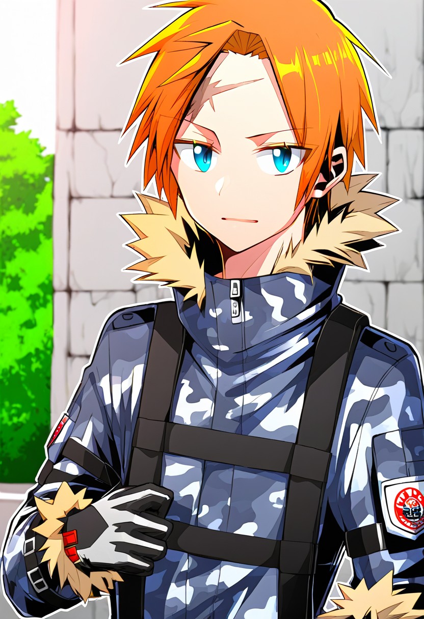 score_9, score_8_up, score_7_up, source_anime BREAK masterpiece, best quality, 1boy, solo,
ribelio strada, orange hair, short hair, blue eyes, scar on forehead,
fur-trimmed jacket, urban camouflage, gloves, tactical clothes, camouflage jacket,
upper body, park,   <lora:ntmf_majorcharacters_pdxl:1>