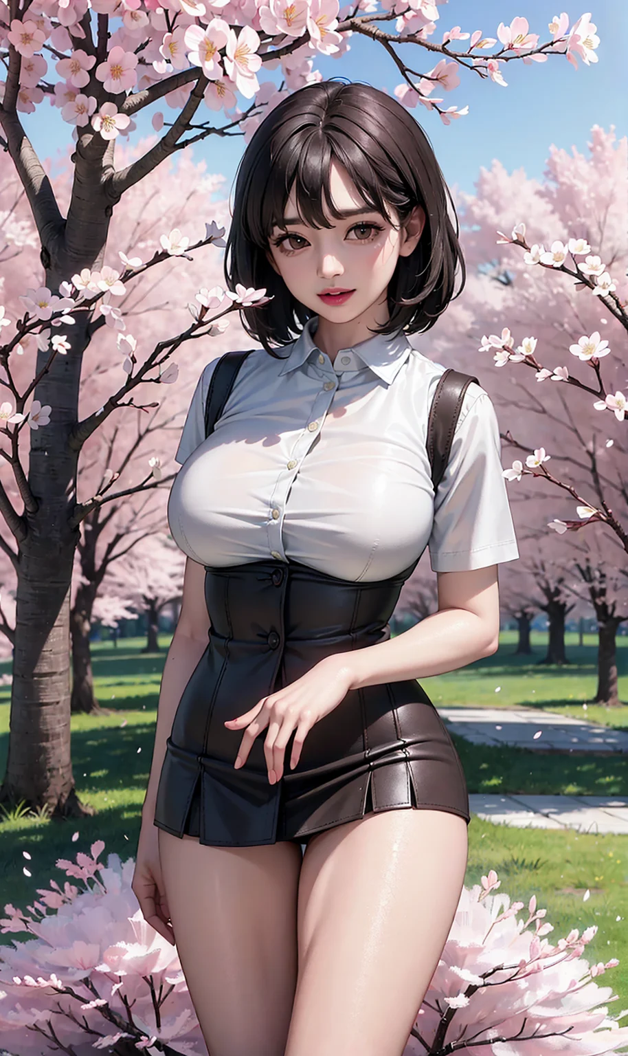 (realistic:1.5), photorealistic, octane render, (4k, 8k), (hyperrealistic:1.2), (photorealistic face:1.2), (Best Quality), extremely detailed, intricate, hyper detailed, (eyes detailed, finger detailed:1.2), looking at viewer, (short hair, curly hair, dense bangs, black hair), (outdoors, cherry blossom trees, korean school uniform:1.3), (1girl, solo, alone, large breasts, large thighs, 2legs, walking:1.4), (brown eyes:1.2), smile