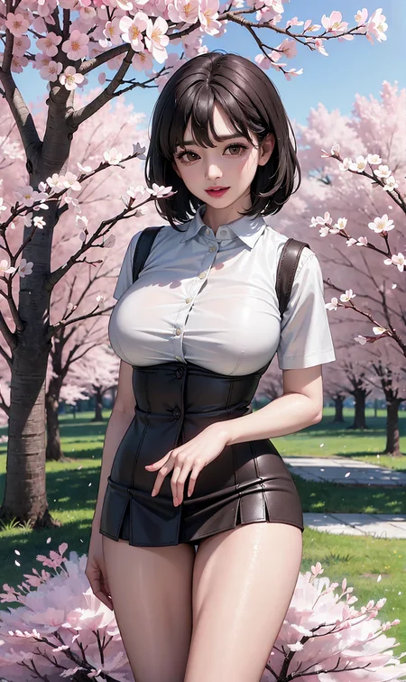 (realistic:1.5), photorealistic, octane render, (4k, 8k), (hyperrealistic:1.2), (photorealistic face:1.2), (Best Quality), extremely detailed, intricate, hyper detailed, (eyes detailed, finger detailed:1.2), looking at viewer, (short hair, curly hair, dense bangs, black hair), (outdoors, cherry blossom trees, korean school uniform:1.3), (1girl, solo, alone, large breasts, large thighs, 2legs, walking:1.4), (brown eyes:1.2), smile