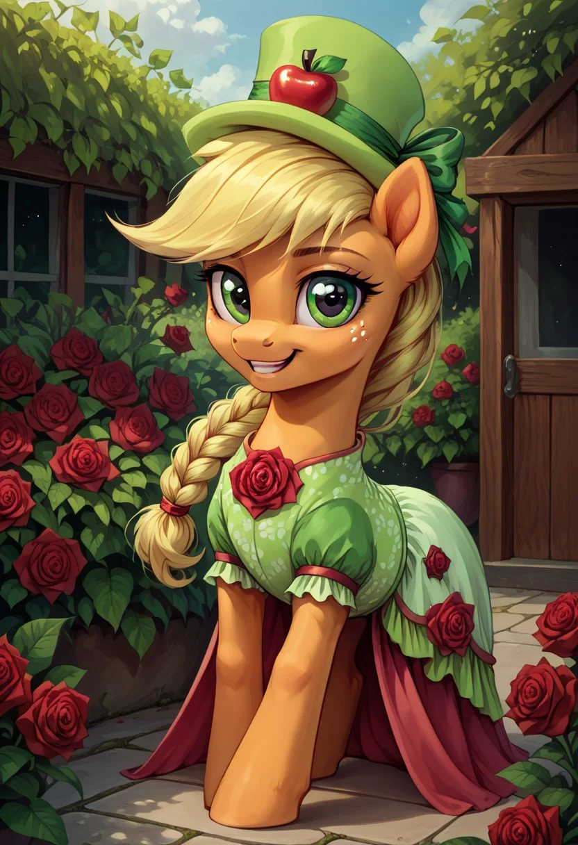 safe_pos, safe_pos, score_9, score_8_up, score_7_up, score_6_up,

 realistic illustration, dramatic angle, outside, garden, (day), 1girl, solo,  Applejack, pony, my little pony,  body, shiny skin,  looking at you, happy playful, cheerful dramatic angle, braided braid

green patterned dress decorated with red roses
tall green hat with a red apple-shaped emblem and a bow

solo