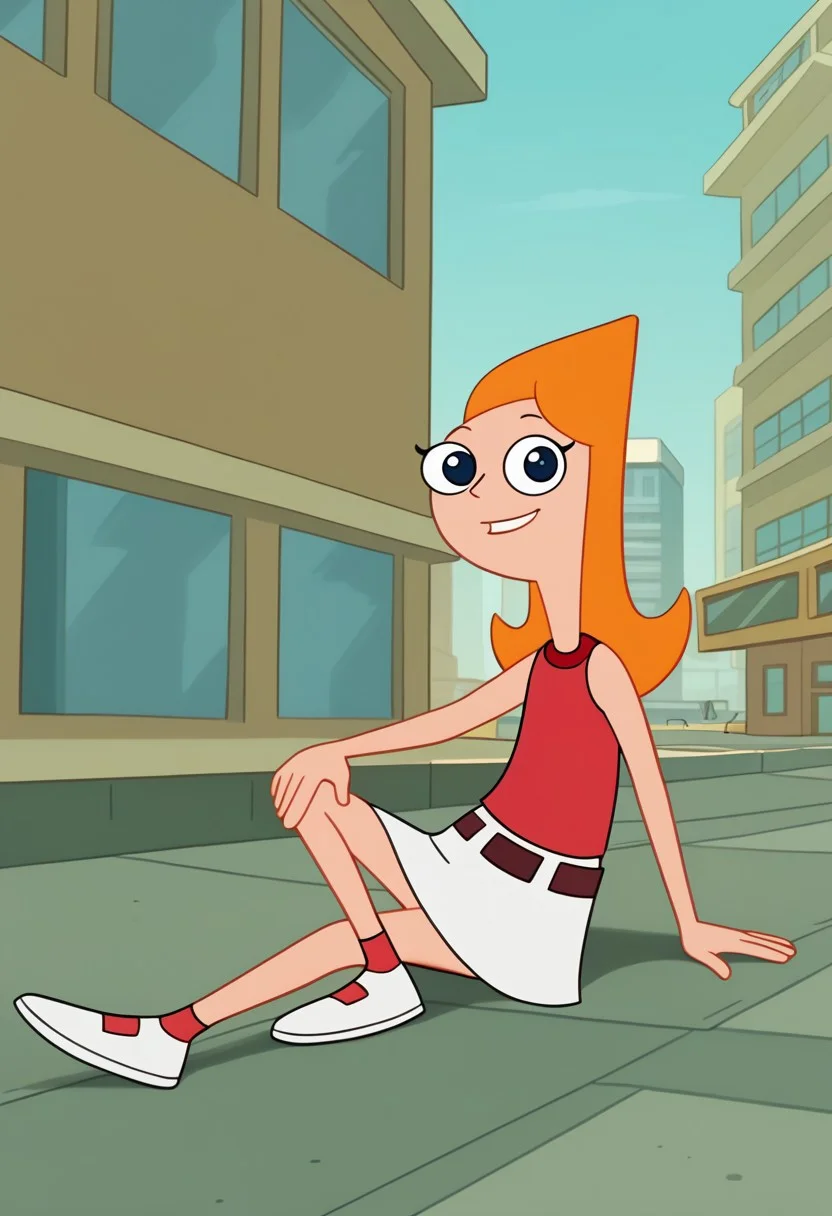 score_9, score_8_up, score_7_up BREAK CandacePF, 1girl, long orange hair, dark blue eyes, red tank top, red belt, white skirt, red ankle socks, white flat mary-jane shoes, cartoon, source_cartoon, smiling at viewer, full body,, city background, city outdoors,