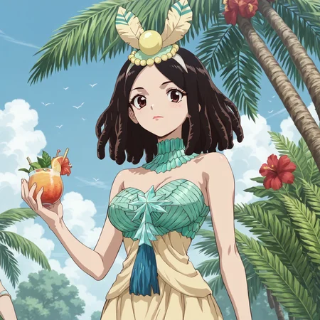<lora:SlimesAmaryllis:1>, score_9, score_8_up, score_7_up, slimes_amaryllis, woman, black hair, waist up, tropical beach background