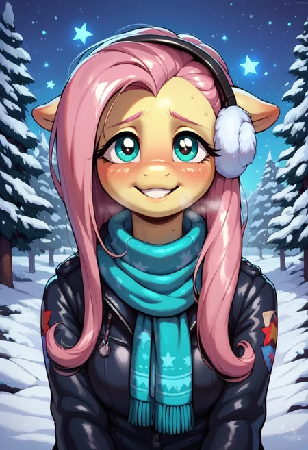 score_9, score_8_up, score_7_up, score_6_up, semi-realistic artwork, detailed background, high quality, vibrant colors, best quality rendering, intricate details, high resolution, sharp focus, best render quality, (background-winter forest, snow, night, stars, glowing stars), close up view, focus on face,
1girl, solo, Fluttershy (anthro pony), 18 yo, long hair, narrow shoulders, skinny, shiny skin, small perky breasts,
wearing a winter coat, scarf, mittens, fluffy winter earmuffs,
dynamic pose, shivering,
shy, blush, blushing, embarrassed, happy, smiling, looking at viewer, hot breath,