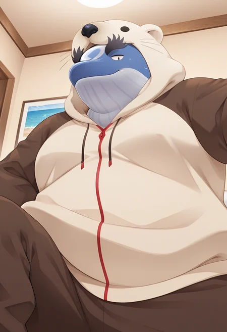 (masterpiece, best quality, newest, absurdres, highres, colorful, amazing_quality, high quality, detailed background), <lora:kii-14:1> t-kii, whale boy, 1boy, sea_otter_kigurumi, knee_up, indoors,