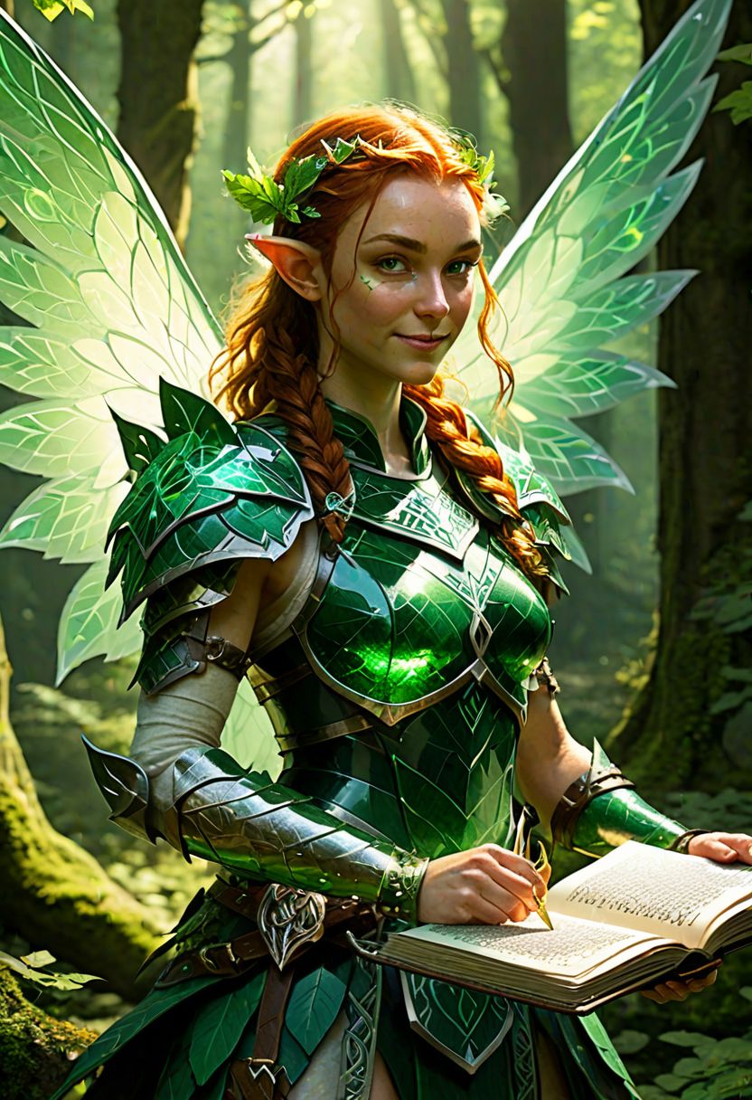 Irish fairy, high-level Dungeons & Dragons character, intricate leafy armor, (glowing emerald weapon:1.2), ancient Celtic spellbook, mischievous smirk, vibrant wings, dappled sunlight, forest background, (detailed character sheet:0.8)