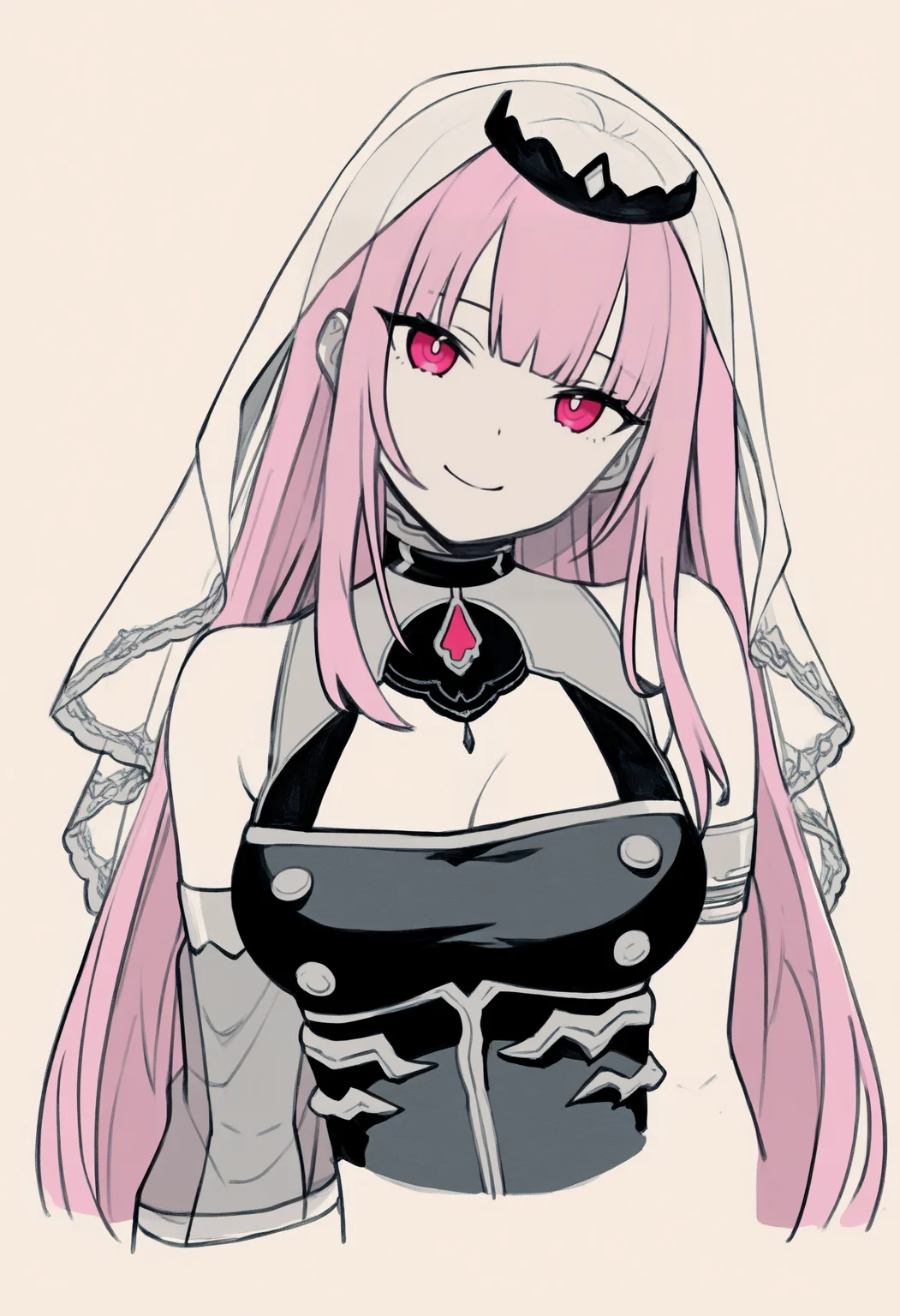 masterpiece, best quality, 1girl, solo, M0riDef, pink eyes, pink hair, long hair, straight hair, blunt bangs, black tiara, veil, black dress, sleeveless dress, cleavage, detached sleeve, see-through sleeve, armlet, bracer, spot color, greyscale, monochrome, lineart, sketch, graphite \(medium\), traditional media, cropped torso, looking at viewer, smile, head tilt, three quarter view, <lora:ChamCalliopeMoriNoob:1>