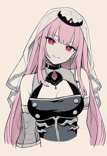 masterpiece, best quality, 1girl, solo, M0riDef, pink eyes, pink hair, long hair, straight hair, blunt bangs, black tiara, veil, black dress, sleeveless dress, cleavage, detached sleeve, see-through sleeve, armlet, bracer, spot color, greyscale, monochrome, lineart, sketch, graphite \(medium\), traditional media, cropped torso, looking at viewer, smile, head tilt, three quarter view, <lora:ChamCalliopeMoriNoob:1>