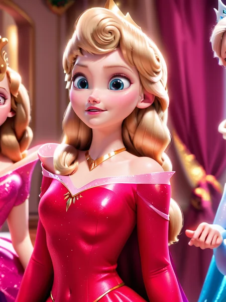 score_9, score_8_up, score_7_up, princess aurora, aurora, Two animated princesses, one in a red dress and the other in a festive setting, elsa \frozen\, long hair, looking at viewer, blush, smile, blue eyes, multiple girls, blonde hair, brown hair, 2girls, bare shoulders, jewelry, medium breasts, collarbone, upper body, parted lips, hairclip, indoors, pink dress, covered navel, crown, blurry background, hands in clasp,   
 <lora:princess_rc_pony_v2:1>