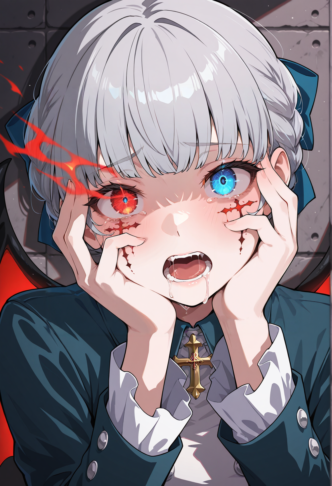 horror \(theme\), 1girl, solo, grey hair, blue eyes, braid, hair ribbon, cross, jacket, buttons, long sleeves, frills, portrait, corruption, facial mark, glowing eye, flaming eye, heterochromia, suffering, looking at viewer, red eyes, hand on face, open mouth, saliva, shadows, single demon wing <lora:Alice_Elliot:1>, masterpiece, best quality, amazing quality, very aesthetic, absurdres, highres, newest