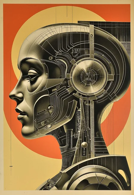 ArsMJStyle, ArtDecoVintageFuture, closeup side portrait in art deco poster style of female robot, detailed reflective helmet, robot joints, circuits, wires, cables
