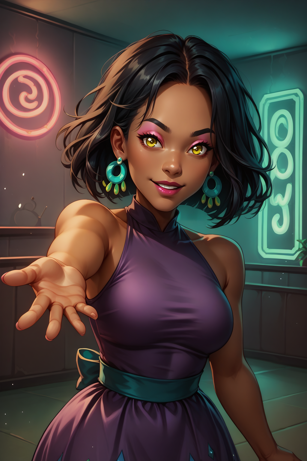 score_9, score_8_up, 1girl, solo, <lora:NSSoniaPortia:0.85> NSSoniaPortia, dark-skinned female, black hair, medium hair, yellow eyes, teal dangle earrings, purple gown, bare shoulders, reaching towards the viewer, lipstick, pink eyeshadow, mischievous smile, indoors, neon lights, volumetric lighting