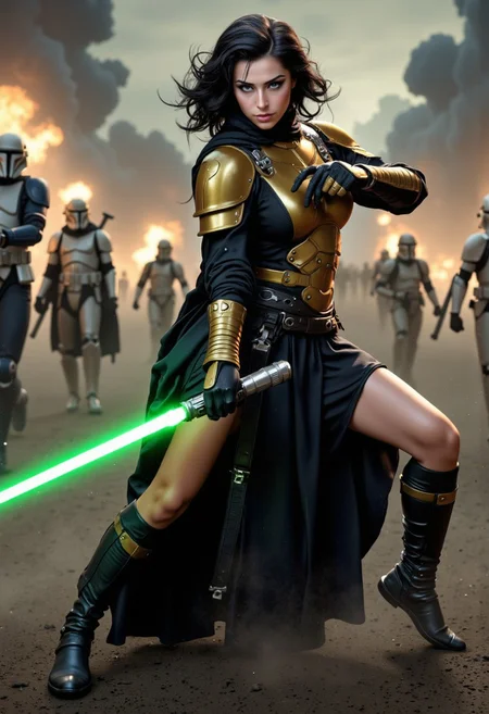 Illustration combining oil-canvas and semi-realistic comic-book style image with a Star Wars theme, star wars style, mythp0rt, Pale skin tone, dynamic, woman. The main subject of the image is a beautiful French woman in her 20s, with an above waist portrait. She is an incredibly beautiful Goth GIrl with very pale skin, with messy black hair, blue eyes, high cheekbones, and full rosy lips. She has supermodel good looks, with a thin waist. Her hair is chin-length, and highly detailed. She has one small beauty mark mole beside her mouth! She has smokey eyeshadow. She is wearing a sci-fi bronze raiment of armor including a breastplate. She is wearing long black robes resembling Revan, leather boots, bracers, belt, featuring a long skirt. She is attacking with a single green lightsaber in a glamorous pose, stretching in such a way that it demonstrates sensual physicality, at unique angles. She is standing on a dramatic battlefield, occluded with smoke and dust. Sharp Focus, Volumetric Lighting, Realistic Shading, Octane Render, Realistic, professional, 4k, highly detailed,, portrait photography, capturing emotion, personality, flattering lighting, professional, engaging, compelling composition, play of shadow and light, rays of light, chiaroscuro, cinematic quality, Beauty. Clone Troopers in the background. Proportionate body, good hands, perfect face, perfect body, slim thick figure, gorgeous, detailed background, detailed face, detailed and intricate composition.