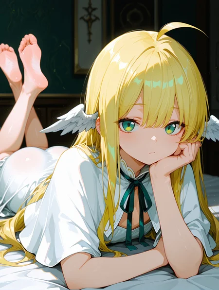 <lora:748cmSDXL:1>,best quality,748cmstyle,depth of field,1girl,very aesthetic,absurdres,masterpiece,best quality,amazing quality,
<lora:Mavis_Pony:0.7>,green_eyes,blonde_hair,very_long_hair,ahoge,head_wings,flat_chest,capelet,white_dress,neck_ribbon,
<lora:the-pose-ponyxl-lora-nochekaiser:1>,the pose,on stomach,feet up,lying,soles,feet,legs up,head rest,barefoot,ass,