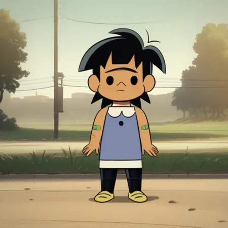 score_7_up, BREAK, Rosa, 1girl, solo, black hair, black eyes, tan, dark skin, unibrow, bandaid, blue dress on black legwear, cropped legwear, sleeveless, yellow shoes, <lora:Rosa_KidCosmic_PXL_Leaf1:1>, looking at viewer, full body, outdoors,