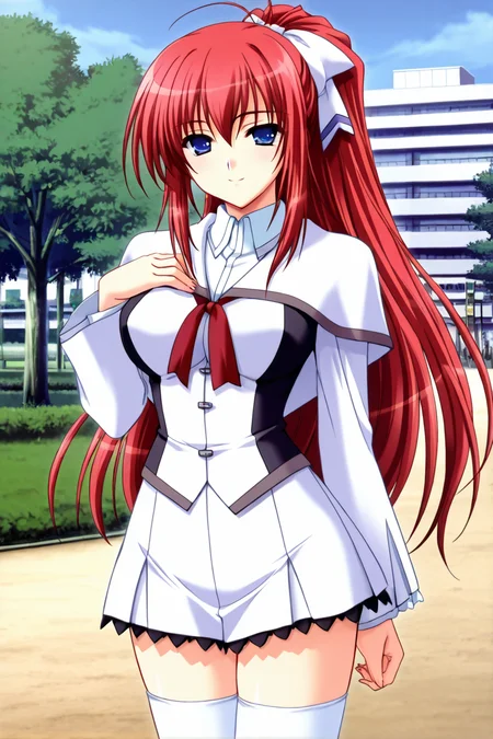 <lora:shiratori_mikoto_iny_ills:1>shiratori mikoto, school uniform, white short capelet, 1girl, solo, long hair, blue eyes, white fitted skirt with black frills, school bulding background, school park, outdoor, thighhighs, side white big hair bow, ponytail, red hair, white thighhighs, zettai ryouiki, one hand on chest,   seductive smile, high resolution,  cowboy shot, looking on viewer, large breast, (white thight sleeves), (red ribbon tie under capelet), slender body, young-adult, full body, brown shoes, <lora:HandFixer_pdxl_Incrs_v1:1>