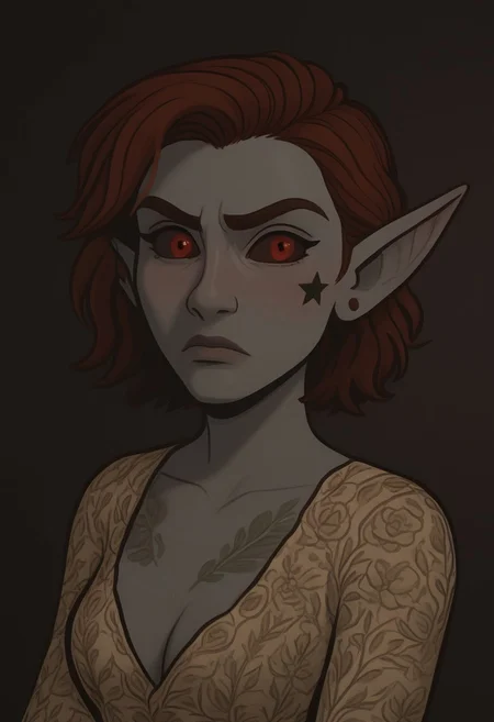Y'Syn, Valenwood, dunmer, grey skin, disgusted expression, three quarters view, clean lines, star tattoo under left eye, unibrow, bushy eyebrows, a few floral tattoos, medium breasts, cleavage, latina, red eyes, dark red sclera, slant pupils, natural underarm hair, vintage patterns, floral tattoos, auburn hair, athletic build, pointy ears, bosmer, canalside views, Amsterdam, animated style, heavy outline, stylized, master piece, Cyberscrolls style, looking at viewer, fixed face, cel-shaded, digital art, highest quality, 4k resolution