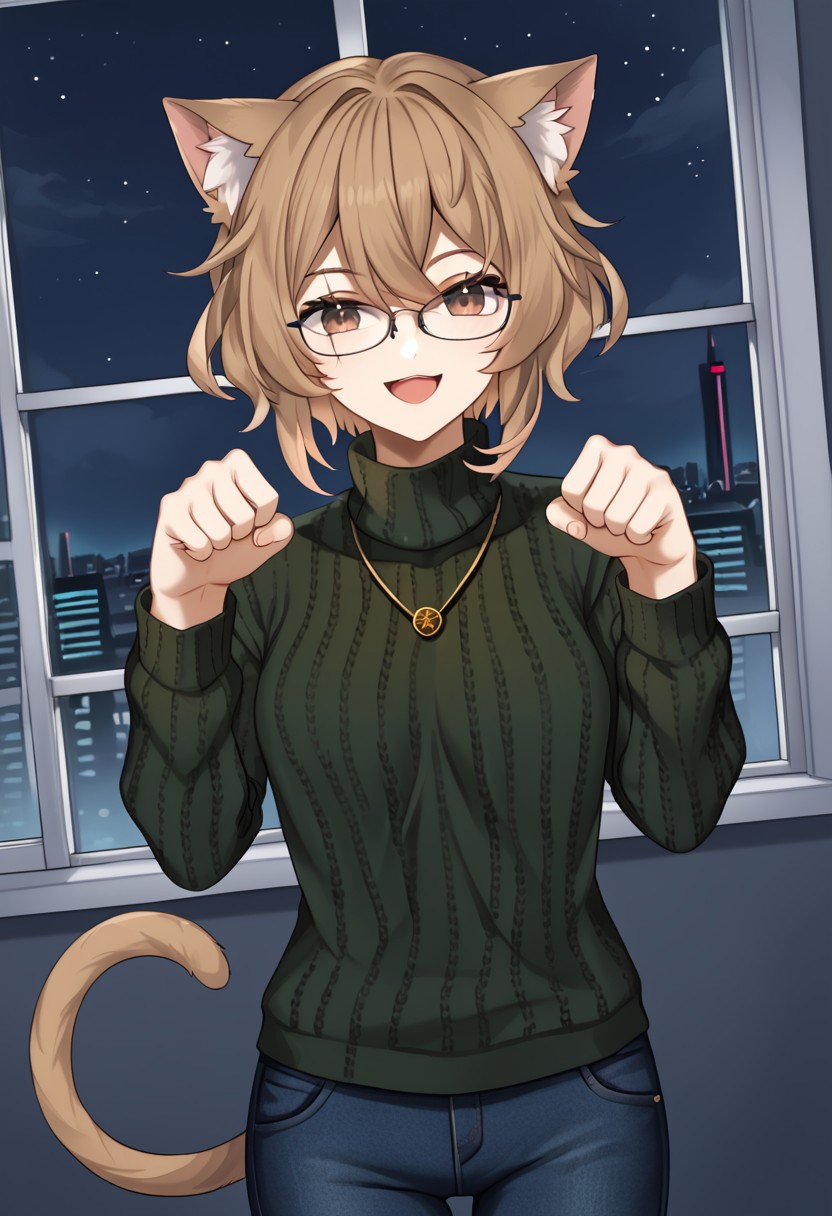 1girl, solo, highres, ClioAite, brown eyes, glasses, short hair, bangs, hair between eyes, black-framed eyewear, jewelry, necklace,
cat ears, animal ear fluff, cat tail, pants, jeans, denim,
long sleeves, sweater, turtleneck, turtleneck sweater, green sweater, ribbed sweater,
looking at viewer, paw pose, hands up, head tilt, smile, open mouth, dutch angle,
cityscape, neon lights, window, night, night sky, dark, backlighting, silhouette,