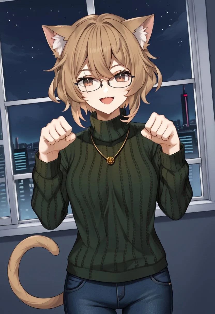 1girl, solo, highres, ClioAite, brown eyes, glasses, short hair, bangs, hair between eyes, black-framed eyewear, jewelry, necklace,
cat ears, animal ear fluff, cat tail, pants, jeans, denim,
long sleeves, sweater, turtleneck, turtleneck sweater, green sweater, ribbed sweater,
looking at viewer, paw pose, hands up, head tilt, smile, open mouth, dutch angle,
cityscape, neon lights, window, night, night sky, dark, backlighting, silhouette,