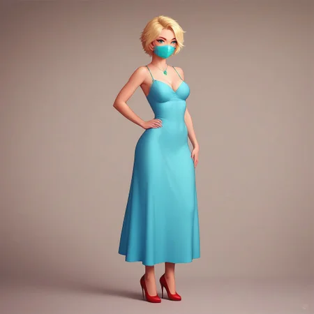 score_9, score_8_up, score_7_up, zPDXL3, NEGATIVE_HANDS, beautiful aesthetic, very intricate details, high quality details, realistic, highres, HD, 1 girl, solo, BREAK, cyan face mask, blonde hair, short hair, cyan eyes, rose necklace, covered neck, rose dress, red high heels, thin body, standing, hand on hips, happy smiling, sexy, BREAK, city