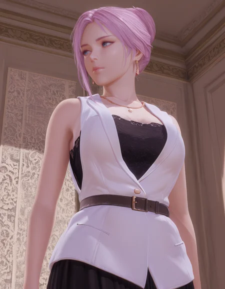 1girl, standing, looking back, from below, realistic,
<lora:Elise_vvp_lcd_v0.4:1> elivevvplcd, blue eyes, asymmetrical hair, hair bun, earrings,
strapless long dress, trim lace, black dress, belt, white sleeveless jacket, necklace,
masterpiece, best quality, amazing quality,