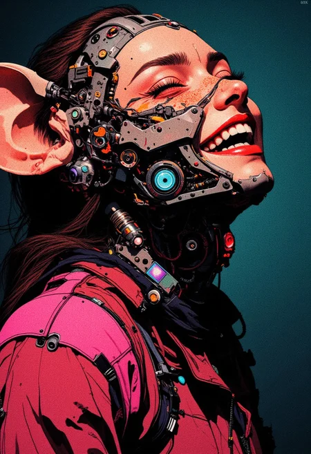 Monochrome with color, ArsMovieStill, 50s Noir Movie Still, A hyper-detailed analog photo of a laughing antromorphic Mouse cyborg in the style of ck-ncr, blending intricate cyberpunk robotics with vibrant, human joy. Her radiant smile highlights the duality of her being: half of her face is organic, glowing with fiery freckles and warm, soft skin, while the other half reveals an intricate network of exposed wiring, microprocessors, and metallic plating. These robotic elements glisten with delicate servos and fluidly moving panels, emphasizing her futuristic elegance. Her mechanical eye, softly glowing and alive with laughter, reflects her joy, seamlessly integrated into the interplay of metal and flesh.
in the style of ck-ncr,
She wears a bold, sleeveless cyberpunk jacket adorned with holographic patches and glowing lines, contrasting with her high-tech enhancements and emphasizing her dynamic personality. The jacket's vivid neon hues—pink, cyan, and electric purple—pulse gently, mirroring the energy of her expression. The interplay of her laughter, illuminated by atmospheric lighting, creates a stunning cinematic effect: volumetric neon lights cast rippling magenta and blue hues across her metallic and organic features, blending harmoniously with the hazy, hyperpunk-inspired backdrop of dark turquoise tones.