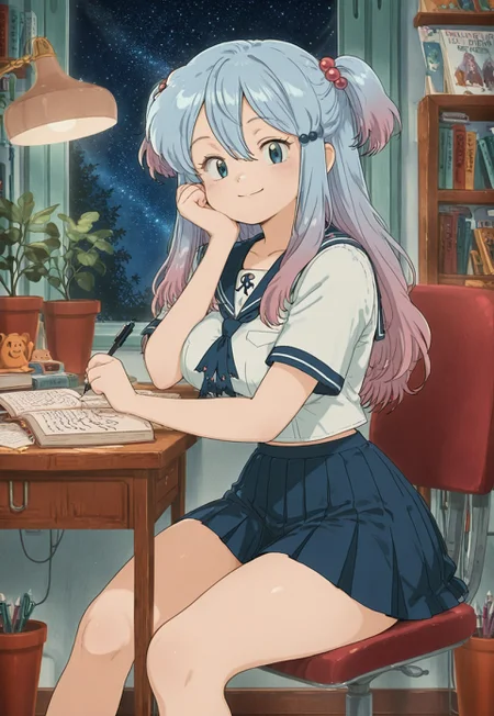 masterpiece, best quality, solo, curvy, beautiful eyes, narrow waist, wide hips, 1girl, solo, smile, looking at viewer, zzLazuli, blue eyes, hair between eyes, blue hair, gradient hair, hair bobbles, hair ornament, long hair, multicolored hair, two side up, school uniform, serafuku, sailor collar, blue skirt, pleated skirt, short sleeves, ,<lora:LazuliByKurumiErika_IXL:1.0>, , zzLofi, sitting, side view, desk, chair, book, bookshelf, head rest, holding, holding pen, lamp, night, open book, pen, plant, potted plant, sky, star (sky), starry sky, window, windowsill, writing, <lora:LofiGirl_Style_IXL:0.8>,, large breasts, <lora:CuteRetroStyle_IXL_v1:1.0>,