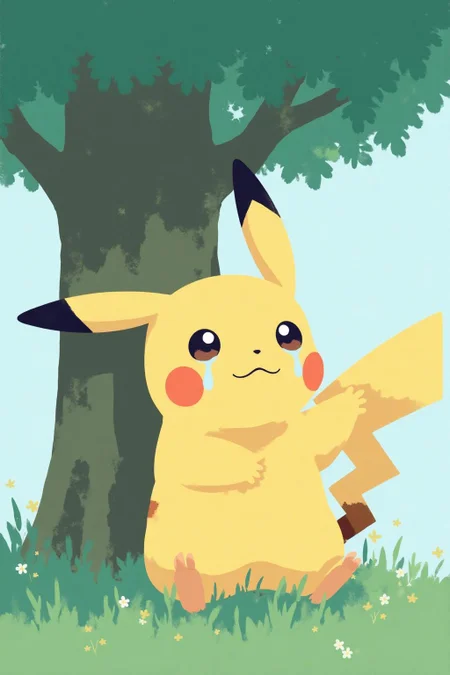 i11ustmin Illustration of Pikachu crying, large tear drops on his face, under a green tree <lora:minimalist_flat_illustration_nbm:1.0><lora:796967002083312766:0>