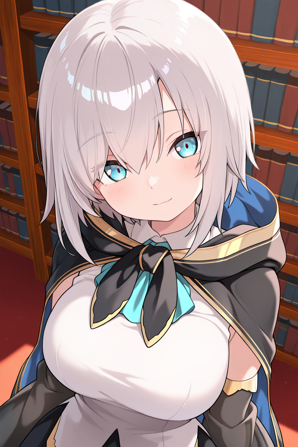 1girl, ArsAlmalNijisanji, 
general, solo, dynamic angle, from above, upper body,
short hair, grey hair, blue eyes,
hooded cape, hood down, shirts, large breasts,
detached sleeves,
black sleeves, 
black skirt,
light smile, head tilt, looking at viewer,
library, fantasy,
<lora:kp_ArsAlmalNijisanji1stCostumeIllustrious_v1_0:1.0>,
masterpiece, best quality, amazing quality