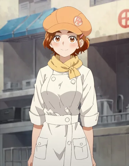 score_9, score_8_up, score_7_up, 1girl, solo, anime screencap, 1girl, solo,hyuugasaki, jewelry, hair ornament, smile, looking at viewer, shirt, hairclip,cabbie hat,chef,yellow scarf ,cowboy shot,medium breasts,blush, <lora:hyuugasaki:0.8>