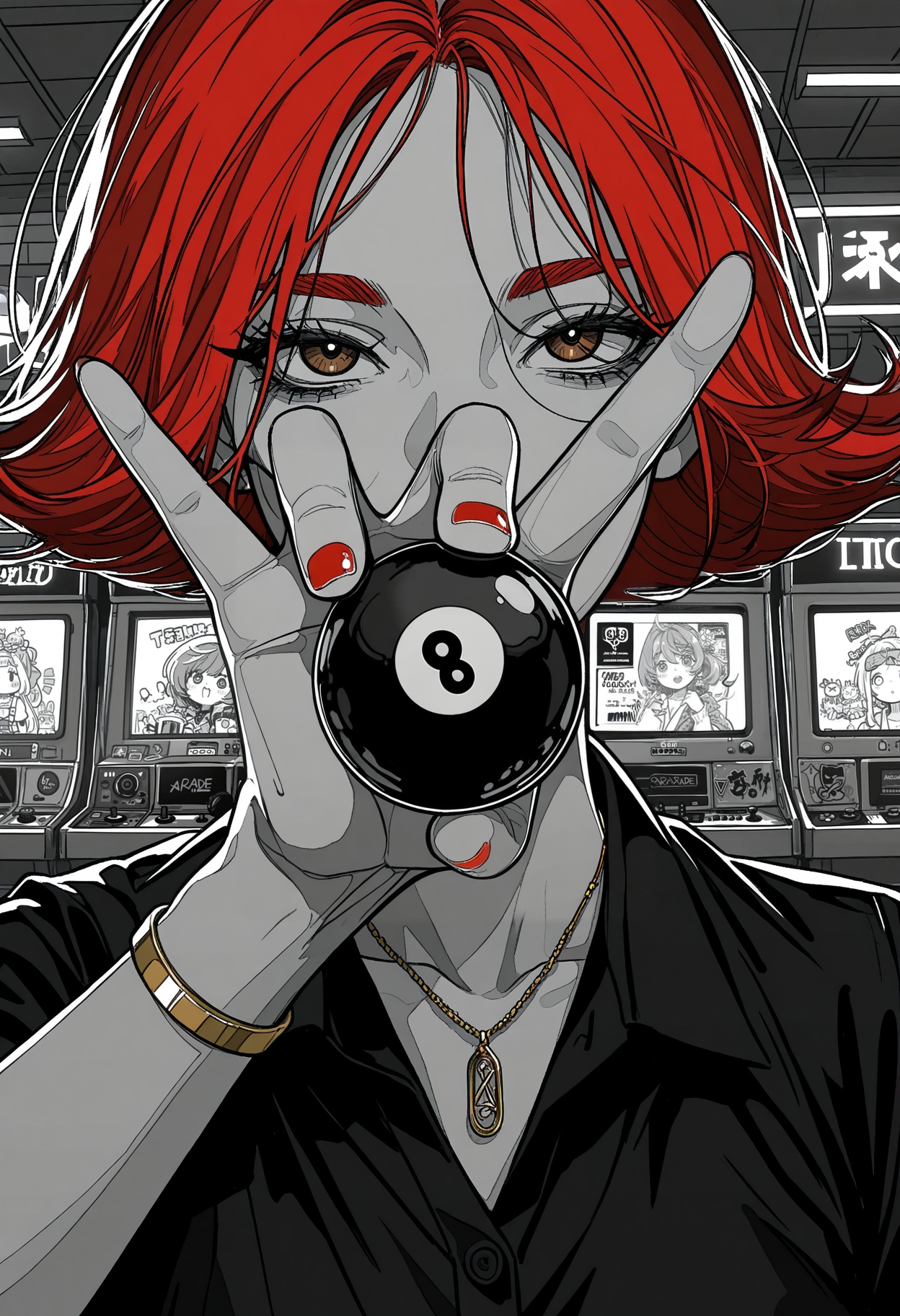 masterpiece, best quality, amazing quality, 1girl, solo, short hair , red hair, parted bangs, loose hair strand, flipped hair, thick eyebrows, thick eyelashes, brown eyes, detailed eyes, looking at viewer, facing viewer, small_necklace, diamond necklace, polo shirt, black polo shirt, tight shirt, gold bracelet,  holding ball, 8-ball, 8 ball, arcade, indoors, dimly lit room, neon lights