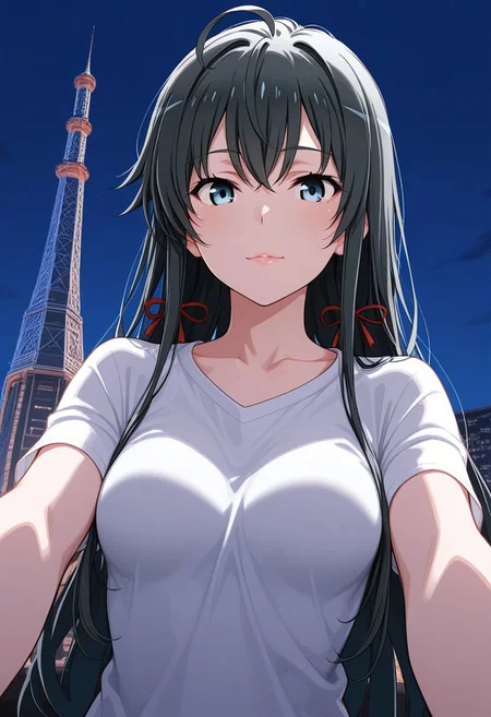 (Best quality , 8K , masterpiece) , Best illustration , Yukinoshita Yukino, 1girl, medium breasts, soft smile, detailed lips, soft lips, glossy lips, pink lips, white t-shirts, ((looking for viewers)), tower, night