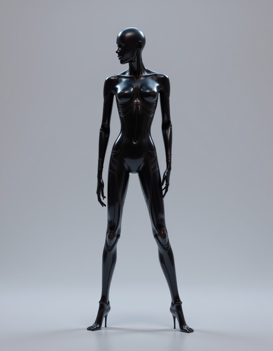 Hybrid_Hu_Al, a high-resolution CGI rendering, features a futuristic humanoid robot or android standing against a sleek, minimalist grey gradient background. The robot's slender, athletic frame exudes elegance and precision, with limbs and joints seamlessly integrated into its elongated body. Its skin, crafted from a high-gloss, deep black material, reflects light in a way that creates a sleek, liquid-like shine, evoking a sense of both sophistication and power. The smooth, flowing design of its body suggests advanced engineering, hinting at a world where robotics and artificial intelligence have reached near-perfect human-like refinement, yet with an otherworldly allure