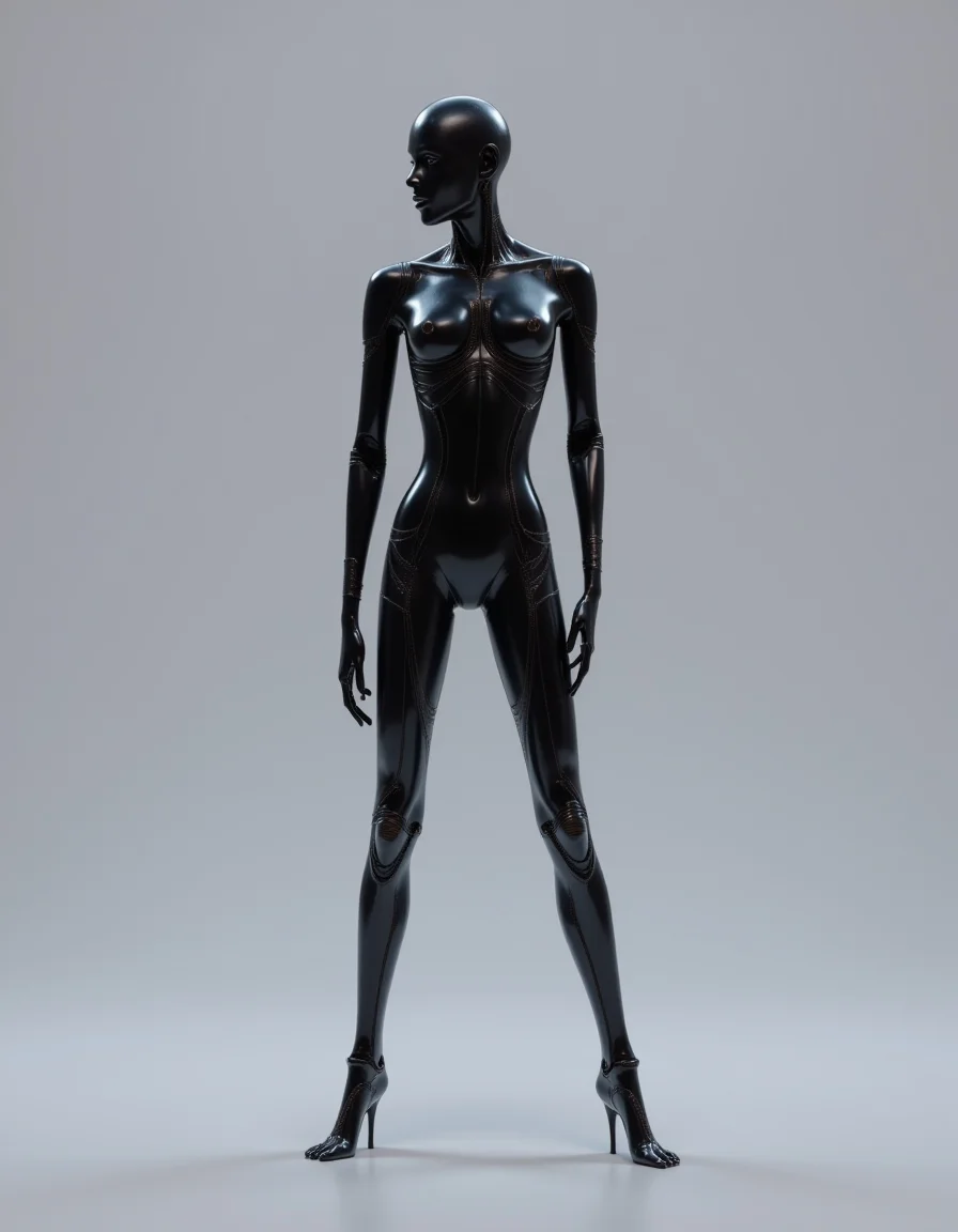 Hybrid_Hu_Al, a high-resolution CGI rendering, features a futuristic humanoid robot or android standing against a sleek, minimalist grey gradient background. The robot's slender, athletic frame exudes elegance and precision, with limbs and joints seamlessly integrated into its elongated body. Its skin, crafted from a high-gloss, deep black material, reflects light in a way that creates a sleek, liquid-like shine, evoking a sense of both sophistication and power. The smooth, flowing design of its body suggests advanced engineering, hinting at a world where robotics and artificial intelligence have reached near-perfect human-like refinement, yet with an otherworldly allure