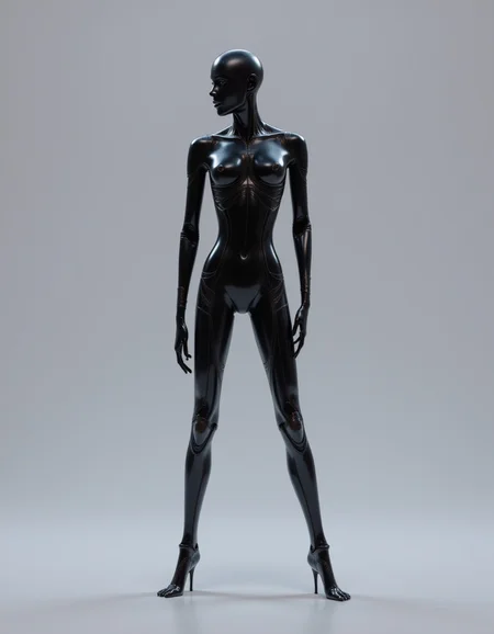 Hybrid_Hu_Al, a high-resolution CGI rendering, features a futuristic humanoid robot or android standing against a sleek, minimalist grey gradient background. The robot's slender, athletic frame exudes elegance and precision, with limbs and joints seamlessly integrated into its elongated body. Its skin, crafted from a high-gloss, deep black material, reflects light in a way that creates a sleek, liquid-like shine, evoking a sense of both sophistication and power. The smooth, flowing design of its body suggests advanced engineering, hinting at a world where robotics and artificial intelligence have reached near-perfect human-like refinement, yet with an otherworldly allure