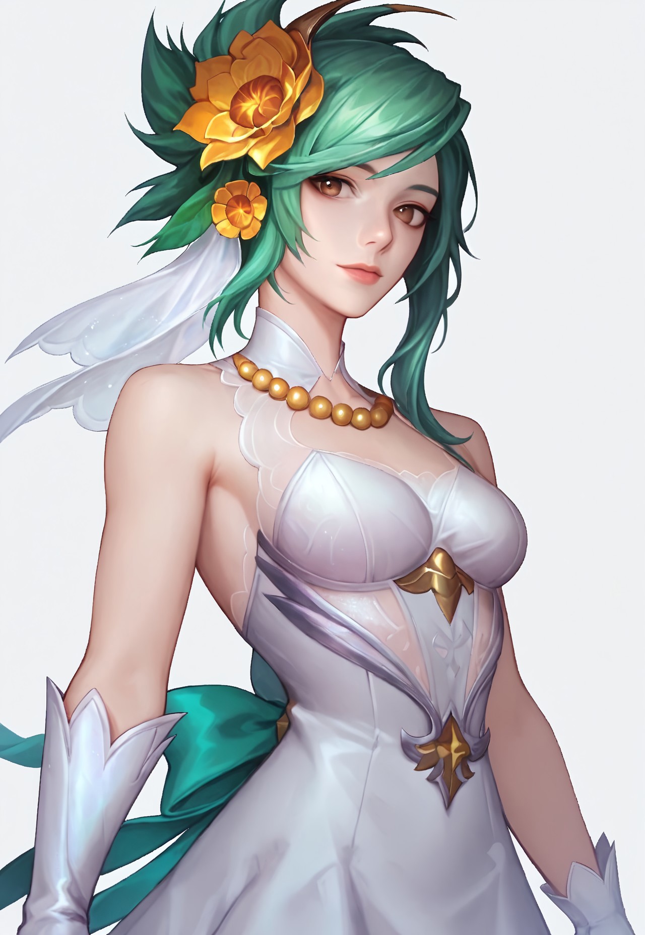 score_9, score_8_up, score_7_up, masterpiece, best quality, detailed eyes, detailed face, detailed skin, BREAK, 1girl, solo, CTRSRVN, green hair, brown eyes, hair flower, hair ornament, pearl necklace, bare neck, white dress, white gloves, waist shot, white thighhighs, 
green ribbon, looking at viewer, white background <lora:CTRSRVN:0.8>