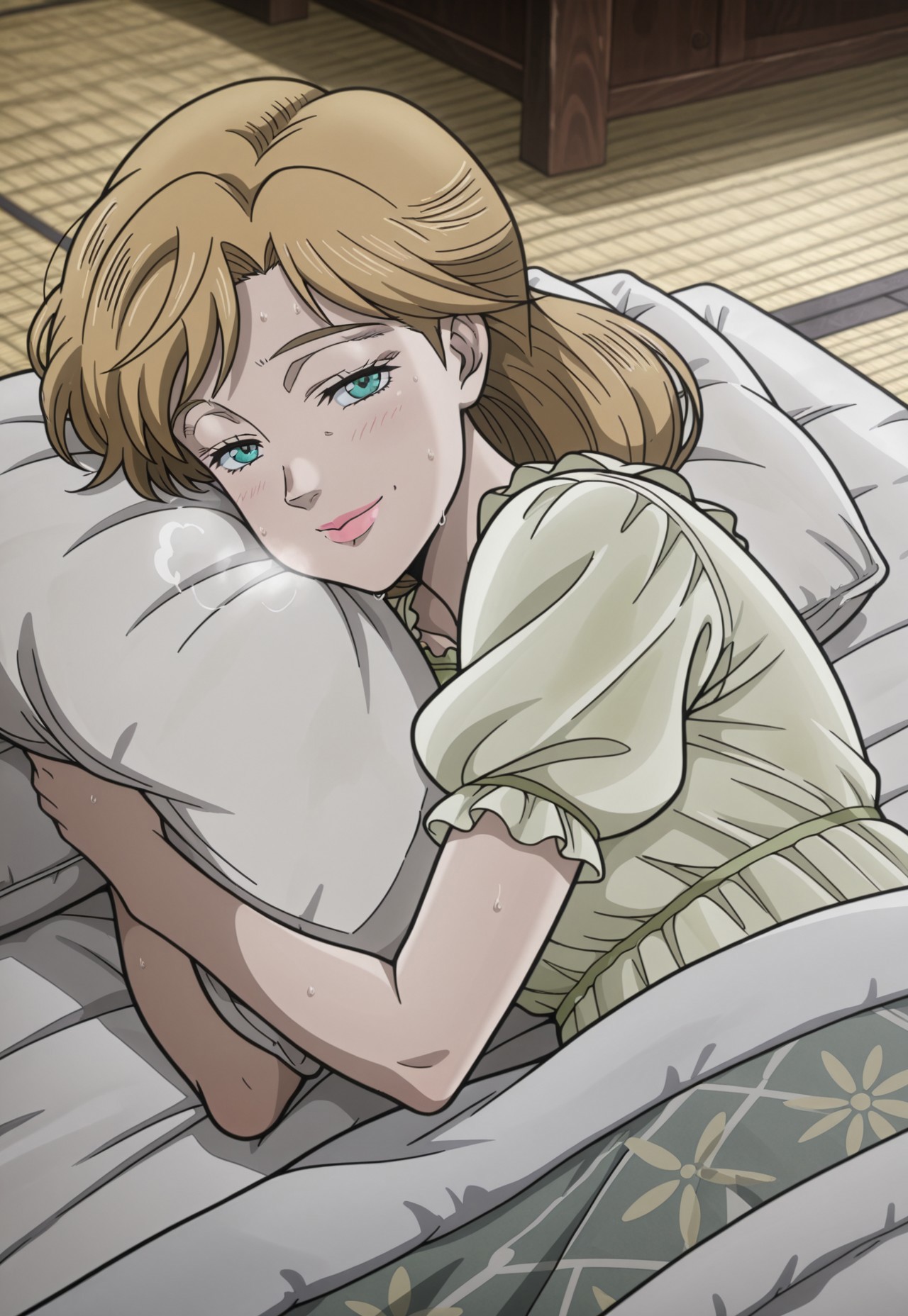 (masterpiece, amazing quality, best quality, anime coloring, detailed),very aesthetic, illustration, perfect composition, intricate details, absurdres, incredibly absurdres, (((1girl,solo,HolyKujo, Blonde Hair, Teal Eyes, Pink Lipstick, Light Green Nightgown, Puffy Sleeves, perfect face,detailed eyes))),upper body, lying in bed, futon, blanket, covered by blanket, indoors, japanese house, tatami mat, sweat, hot breath, lying on side, clutching pillow, looking at viewer, half closed eyes, smile