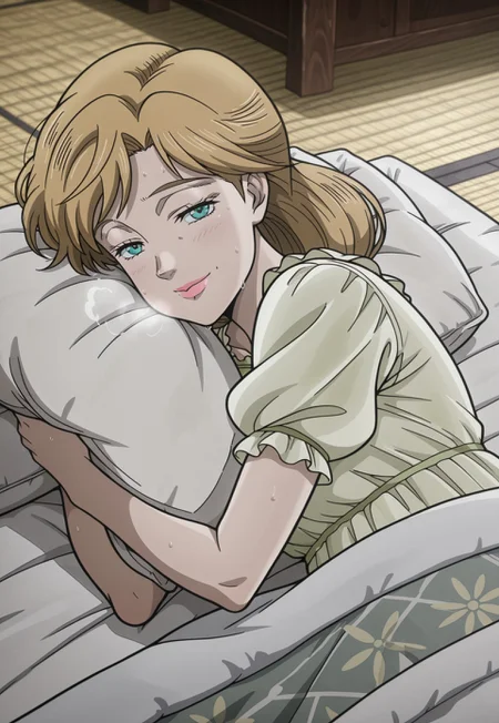 (masterpiece, amazing quality, best quality, anime coloring, detailed),very aesthetic, illustration, perfect composition, intricate details, absurdres, incredibly absurdres, (((1girl,solo,HolyKujo, Blonde Hair, Teal Eyes, Pink Lipstick, Light Green Nightgown, Puffy Sleeves, perfect face,detailed eyes))),upper body, lying in bed, futon, blanket, covered by blanket, indoors, japanese house, tatami mat, sweat, hot breath, lying on side, clutching pillow, looking at viewer, half closed eyes, smile