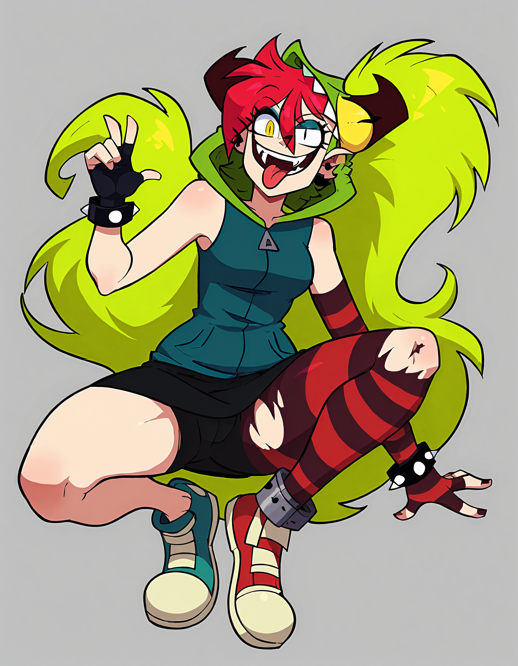source_cartoon, score_8, score_7_up, score_6_up, score_5_up, 1girl, solo,demencia, red hair, green ponytail, striped thighhighs, single striped sock, anklet, green monster hood, yellow eyes, sharp teeth, dark blue hoodie, single striped sleeve, red sneaker, blue sneaker, black skirt, smile, eyeshadow, spiked bracelet, zipper pull tab, torn pantyhose, glove, tongue out, flat background <lora:DemenciaSDXL:1>   <lora:Smooth Anime 2 Style SDXL_LoRA_Pony Diffusion V6 XL:1>