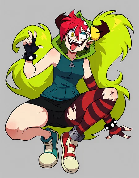 source_cartoon, score_8, score_7_up, score_6_up, score_5_up, 1girl, solo,demencia, red hair, green ponytail, striped thighhighs, single striped sock, anklet, green monster hood, yellow eyes, sharp teeth, dark blue hoodie, single striped sleeve, red sneaker, blue sneaker, black skirt, smile, eyeshadow, spiked bracelet, zipper pull tab, torn pantyhose, glove, tongue out, flat background <lora:DemenciaSDXL:1>   <lora:Smooth Anime 2 Style SDXL_LoRA_Pony Diffusion V6 XL:1>