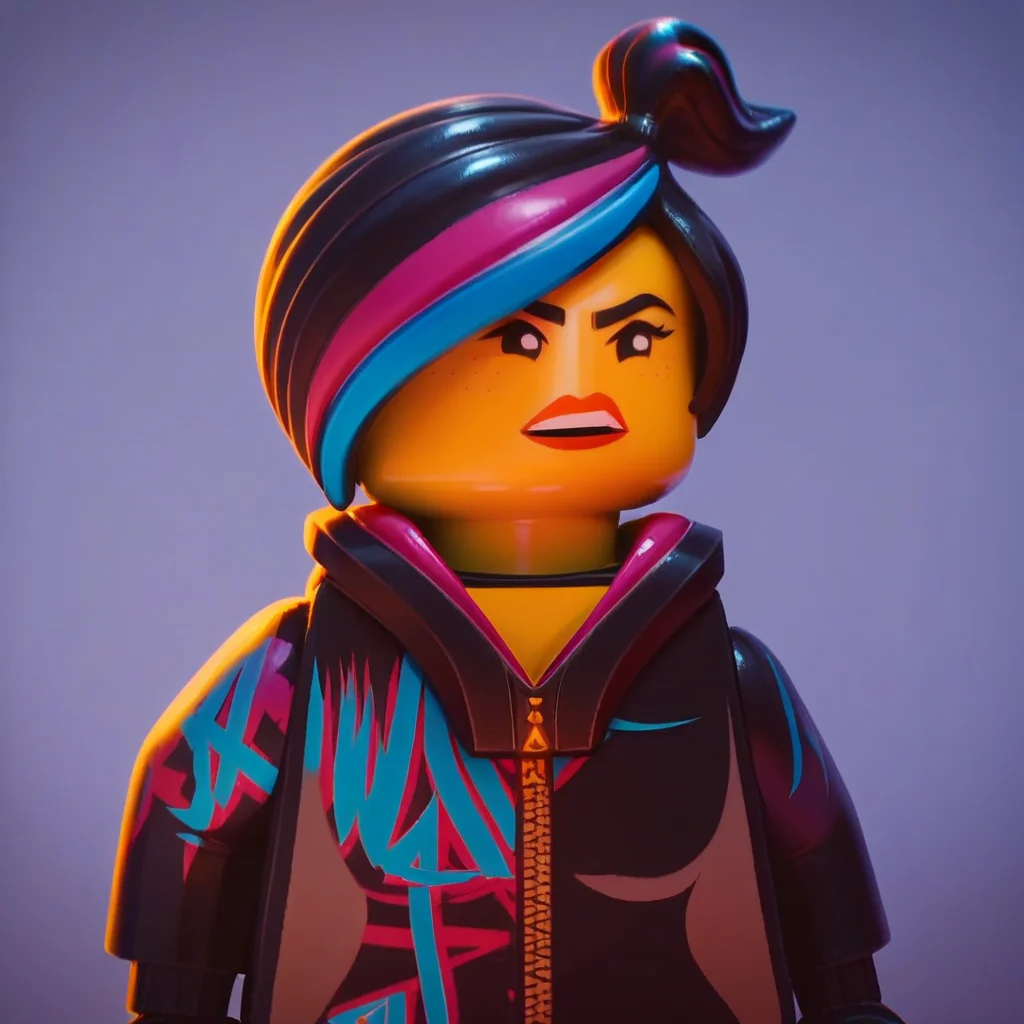 score_9, score_8_up, score_7_up, score_6_up, score_5_up, score_4_up, <lora:Wyldstyle_Lego_Movie-000006:1> , lego, wyldstyle, 1girl, short hair, black hair, yellow skin, multicolored hair, streaked hair, hoodie, zipper, topknot