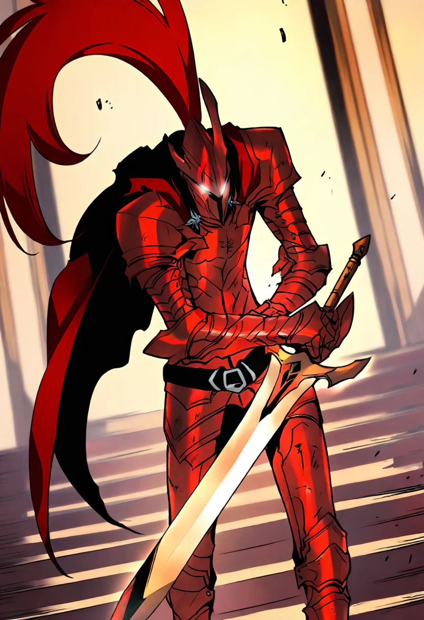 8K, depth of field, focused subject, best quality, <lora:solo_leveling_by_readandsign_fin-000014:1>,
rf64u, blood knight 1boy, long red hair, ponytale, one horn broken, solo, holding, standing, weapon, yellow sword, male focus, sword, cape, red armor, glowing, red helmet, shoulder armor, gauntlets, glowing eyes, pauldrons, stairs, knight, full armor, helm