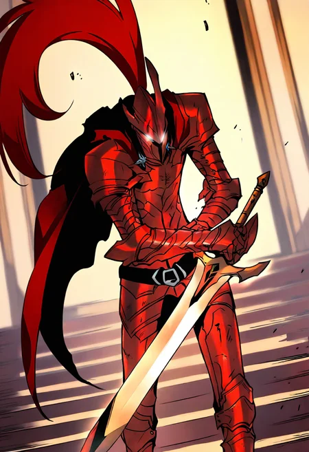 8K, depth of field, focused subject, best quality, <lora:solo_leveling_by_readandsign_fin-000014:1>,
rf64u, blood knight 1boy, long red hair, ponytale, one horn broken, solo, holding, standing, weapon, yellow sword, male focus, sword, cape, red armor, glowing, red helmet, shoulder armor, gauntlets, glowing eyes, pauldrons, stairs, knight, full armor, helm