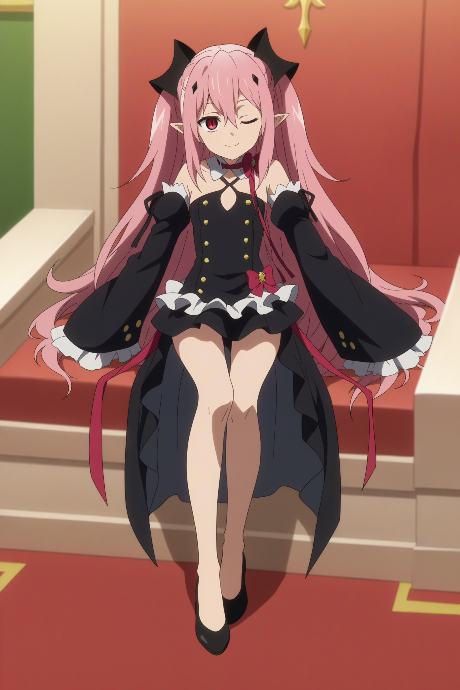 1girl,solo,krul tepes,pointy ears,smile,parody,long hair,detached sleeves,black footwear,from bottom,vampire,sit on a chair,black chair,light smile,wink,bare shoulders, ribbon,black dress,hair ornament,indoors,castle,split eyes <lora:Krul_Tepes_-_Owari_no_Seraph.safetensors:0.8>