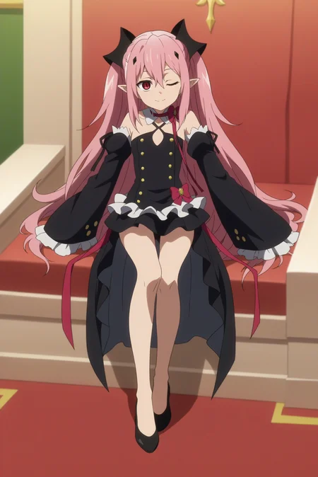1girl,solo,krul tepes,pointy ears,smile,parody,long hair,detached sleeves,black footwear,from bottom,vampire,sit on a chair,black chair,light smile,wink,bare shoulders, ribbon,black dress,hair ornament,indoors,castle,split eyes <lora:Krul_Tepes_-_Owari_no_Seraph.safetensors:0.8>