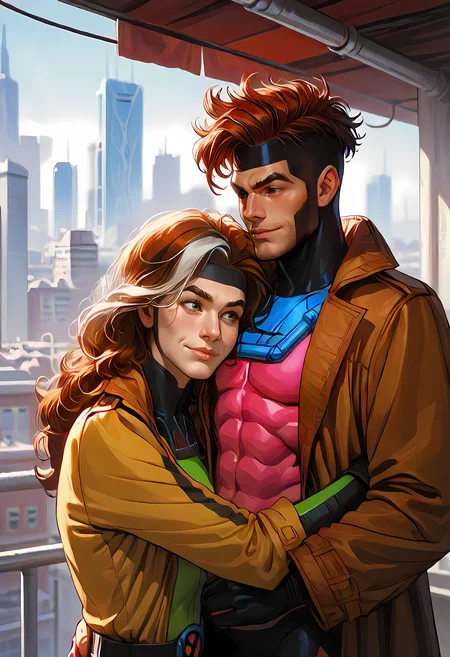 Gambit and Rogue from X Men, hugging each other, cute scene, romance ambience, 
 Rogue, 1girl, classicrogue, long hair, green eyes, brown jacket, big hair, multicolored hair, brown hair with white highlights in the front, parted lips, open clothes, belt, two-tone hair, bodysuit, skin tight, (multicolored clothes), dyed bangs, multicolored bodysuit, green bodysuit, yellow bodysuit, smiling, cityscape,
 Gambit, Dsk_Remy_Lebeau, 1boy, auburn hair, black sclera, bodysuit, closed mouth, coat, colored sclera, facial hair, stubble, headband, muscular, open clothes, open coat, (red eyes), thick eyebrows, trench coat, upper body
 score_9, score_8_up, score_7_up, score_6_up, score_5_up, score_4_up,
<rogue_(x-men):1> classicrogue
<lora:Gambit_X-men_97__Comics_PDXL:1>
 <lora:incase-ilff-v3-4:0.8>