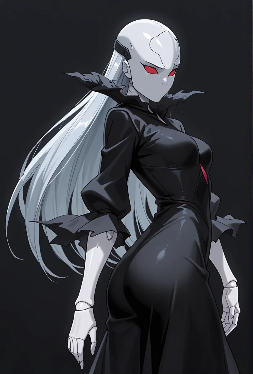 Smooth Quality,masterpiece,very intricate, high quality details, ultra realistic, high detailed skin,detailed enviorement,absurdres,
simple background, white background, 
twisted torso,raised eyebrow,
 <lora:Berettacnn:0.8>  beretacnn,.1girl, long hair,red eyes, (mask:1.1), black dress,silver hair, doll joints,
