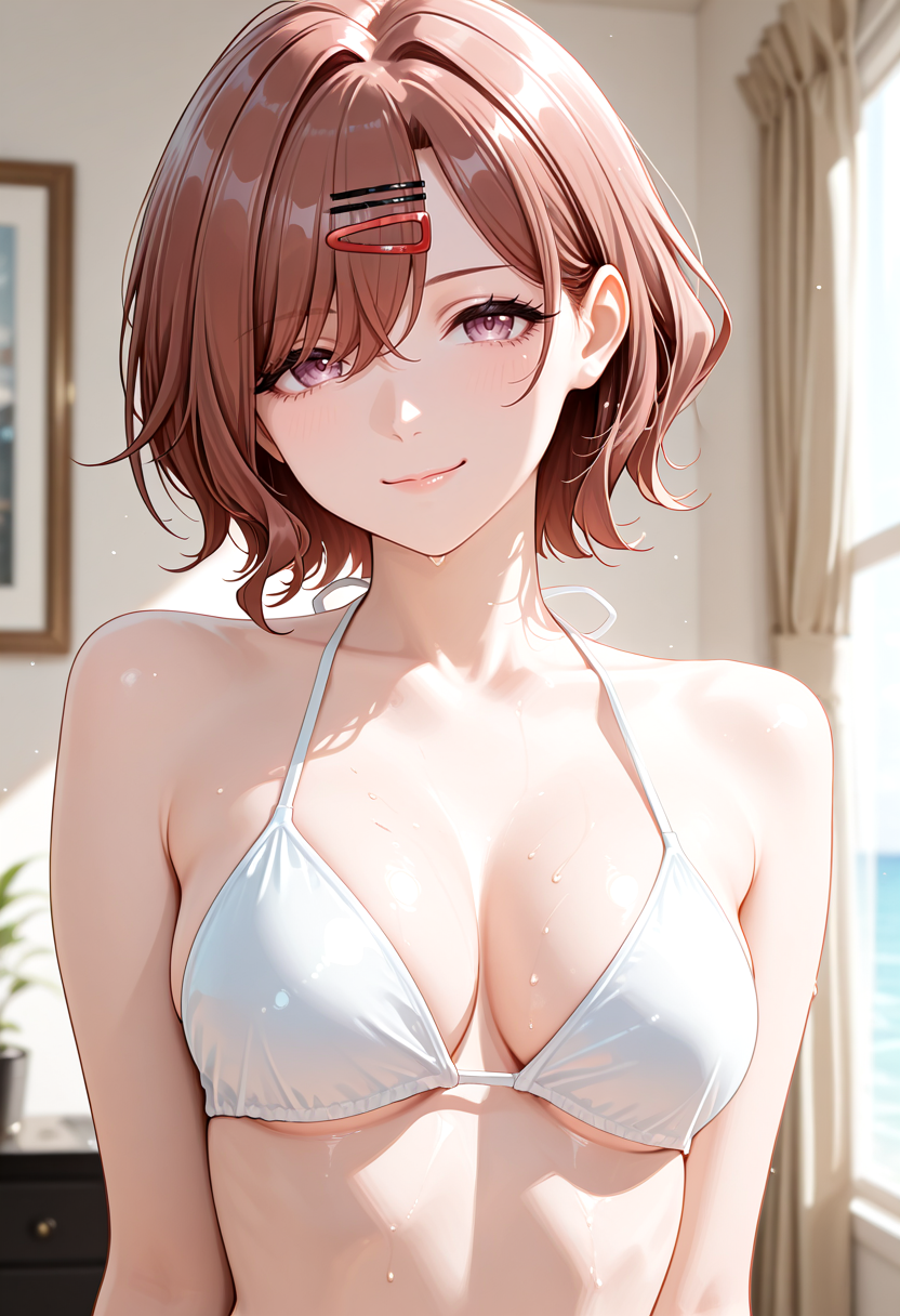 masterpiece, newest, absurdres, best quality, hires, 1girl, upper body, smile, madoka higuchi, \(idolmaster\), bikini